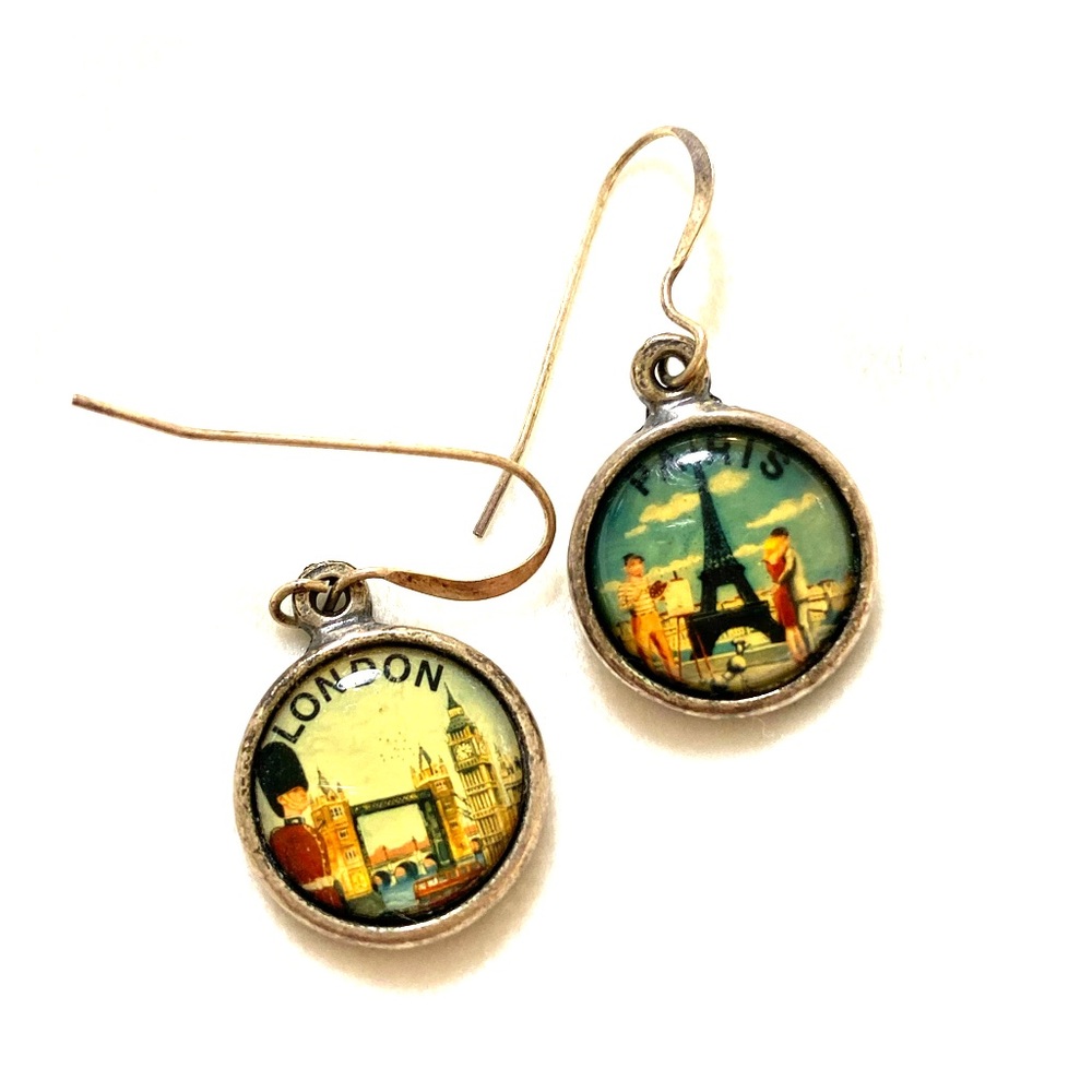 London and Paris silver drop earrings